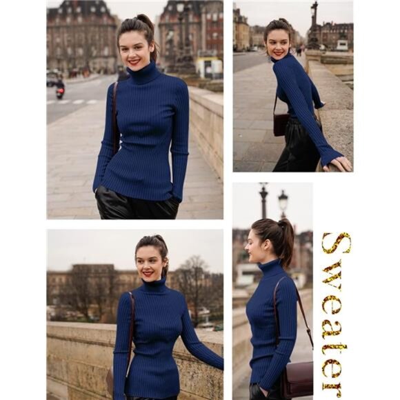 Turtleneck Ribbed Sweaters for Women Cute Sexy Knitted Warm Fitted Sweater - Picture 4 of 6